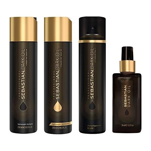Sebastian shampoo, balsamo, olio e spray setificante leggeri dark oil di Sebastian professional, lisciano e nutrono, per tutti i tipi di capelli, 250/95/200 ml