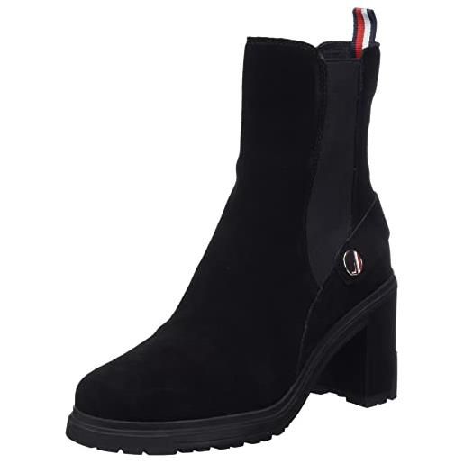 Tommy Hilfiger stivaletto donna outdoor chelsea high heel boot in pelle scamosciata, nero (black), 41 eu