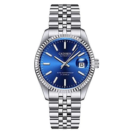 CADISEN orologio automatico da uomo con riserva di carica meccanica miyota 8215 in acciaio inox vetro zaffiro, blu