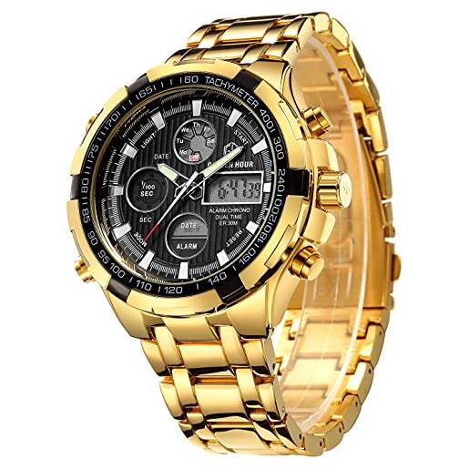 GOLDEN HOUR lusso in acciaio inox analogico digitale orologi per uomo sport all'aperto impermeabile grande orologio da polso pesante (gold black)