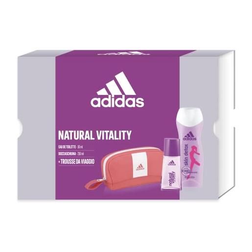 Adidas, confezione regalo donna natural vitality, profumo donna 30 ml e skin detox gel doccia bagnoschiuma 250 ml e pochette