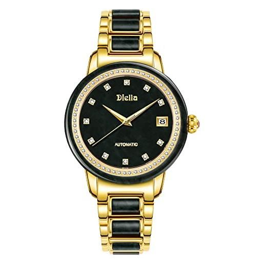 Diella automatico donne orologi, lusso nero giada e oro donne orologi meccanici, acciaio inox impermeabile bracciale orologi per donna (modello: ad6008l), nero-verde e oro