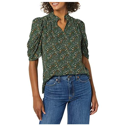 Amazon Essentials blusa in tessuto con balze sul collo a mezze maniche in georgette donna, nero, xs