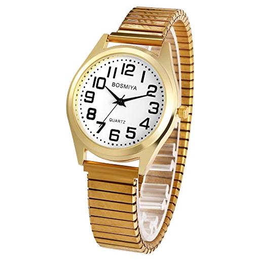 Silverora orologio da donna e uomo, al quarzo, analogico, con quadrante grande, cinturino elastico, 2 colori, m-gold, bracciale