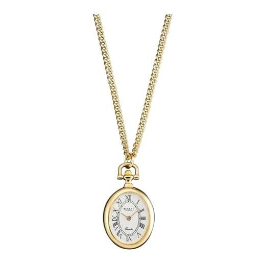Regent orologio da polso da donna, con catena da 70 cm, diametro 22 mm, ovale, al quarzo, bianco, numeri romani in diverse varianti, p-767 - oro