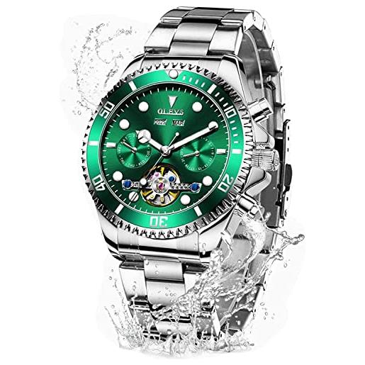 OLEVS automatic watches for men self winding classic green face designer tourbillon stainless steel waterproof luminous male wrist watches