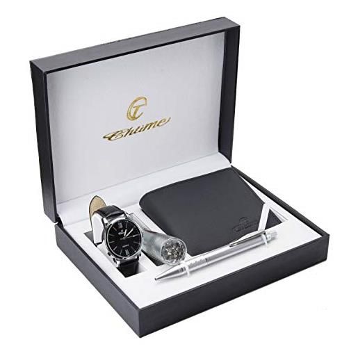 BELLOS set regalo orologio da uomo nero, con torcia, portafoglio e penna, per san valentino