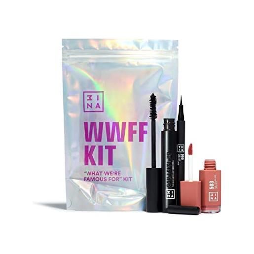 3ina makeup - what we are famous for kit - set trucco - the 24h pen eyeliner 900 + the 24h level up mascara + the longwear lipstick 503 - formule matte altamente pigmentate - vegan - cruelty free