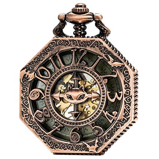 SEWOR, orologio da tasca ottagonale, in stile anticato traforato con numeri arabi, movimento meccanico (rame rosso)