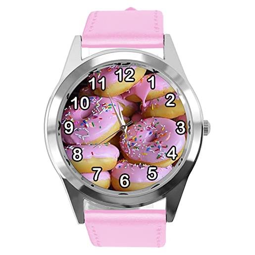 TAPORT orologio rotondo in pelle rosa per i fan delle ciambelle, rosa confetto