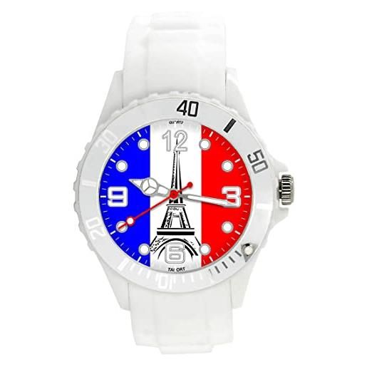 TAPORT® orologio al quarzo in silicone bianco per i fan della bandiera della francia, bianco, cinturino