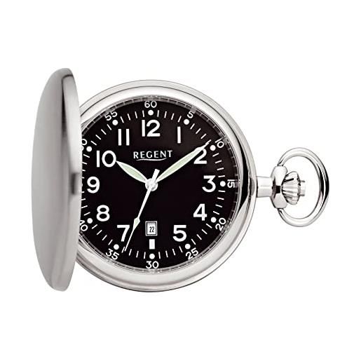 Regent orologio da tasca da uomo savonnette con coperchio in acciaio inox, diametro 48 mm, data al quarzo, in diverse varianti, p-752 - quadrante argento/nero