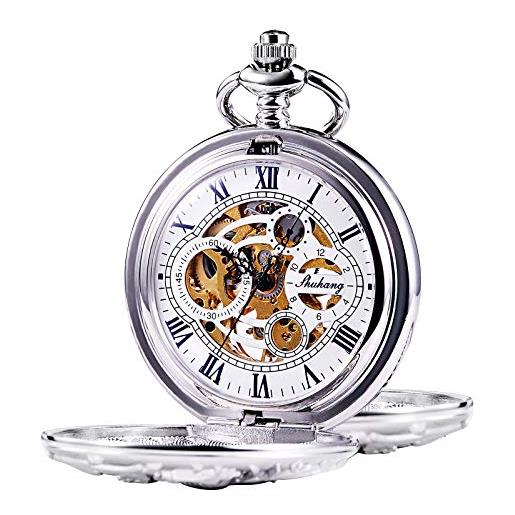 TREEWETO orologio da tasca meccanico antico fortunato drago quadrante scheletro con catena per uomini e donne + scatola, 4. Silver, 4. Silver