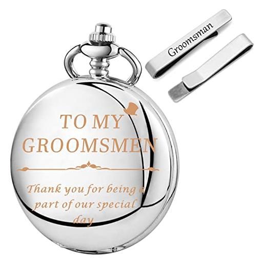Tiong orologio da tasca con incisione per matrimonio, fermacravatta in argento, regalo per testimone dello sposo, con confezione regalo, groomsman