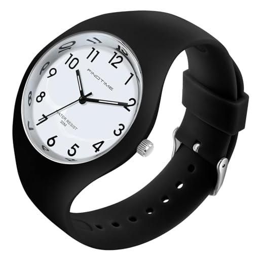 findtime orologio da donna in silicone con cinturino in silicone analogico al quarzo, impermeabile, fino a 10 atm, nero, cinturino