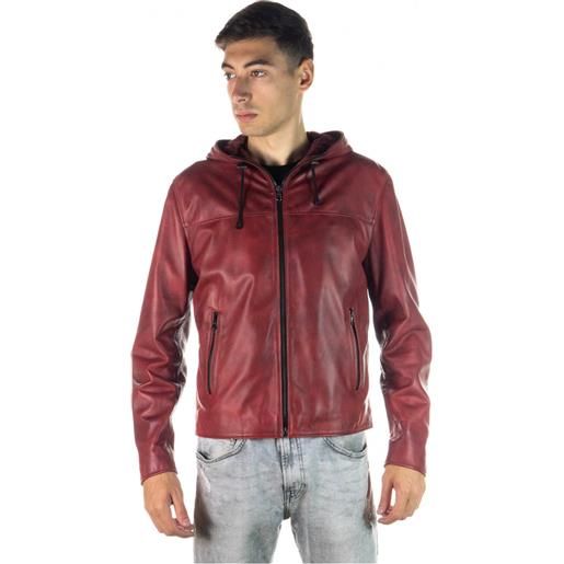 Leather Trend terminator - giacca uomo con cappuccio bordeaux in vera pelle