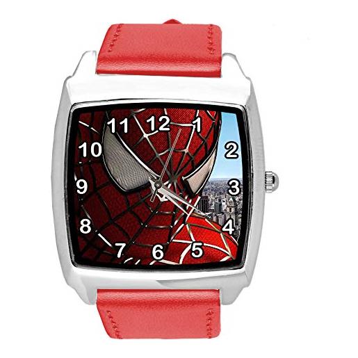 TAPORT orologio quadrato in pelle rossa per i fan dei supereroi e1, rosso, cinturino