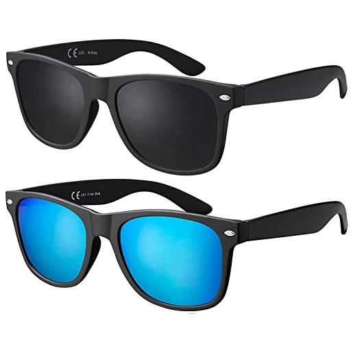 La Optica B.L.M. occhiali da sole uv400 cat3 uomo donna vintage - set di 2, montatura nero opaco, lenti grigio/blu ghiaccio specchio