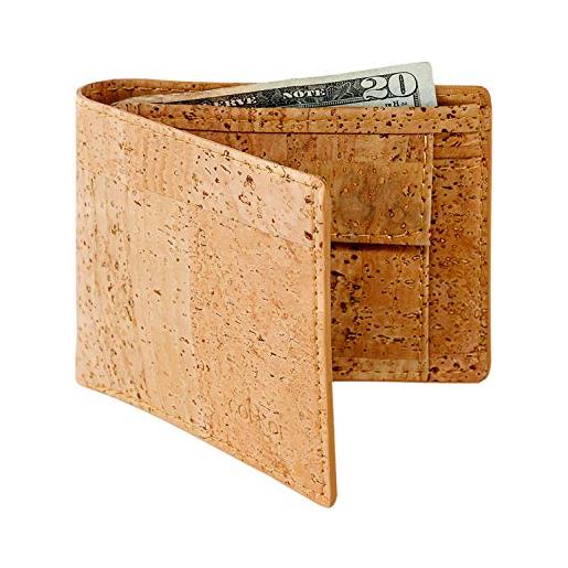 Corkor portafoglio uomo di sughero protezione rfid con portamonete borselino vegan marrone chiaro