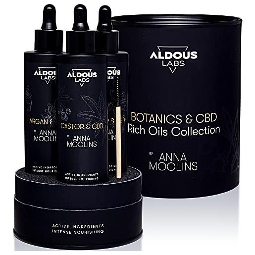 Aldous Labs set regalo bellezza: olio di ricino, olio di argan e olio di rosa mosqueta puro 100% prodotti con cbd | spremuti a freddo, vegani | formula avanzata | ciglia, capelli, pelle | botanics & cbd