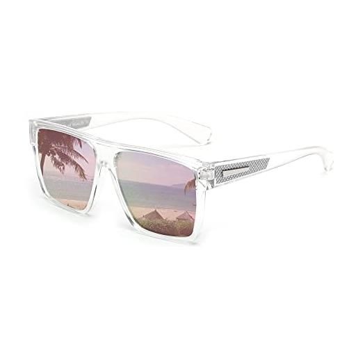JIM HALO occhiali da sole grande polarizzati retrò uomo donna occhiali da guida quadrati con punta piatta (cornice trasparente/lenti rosa a specchio polarizzate)