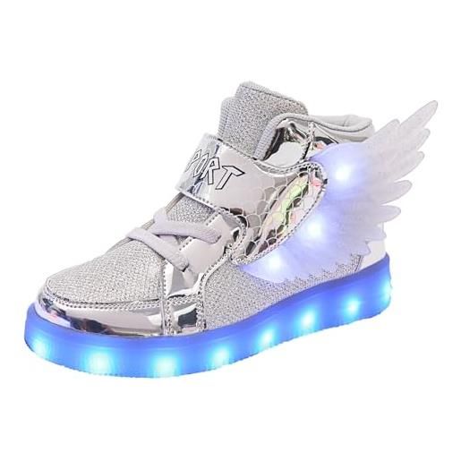 YUNICUS scarpe da ginnastica illuminate per bambini con ricarica usb lampeggianti, con ali a led, per ragazze, ragazzi, halloween, natale, compleanno, ottimo regalo, argento, 36 eu