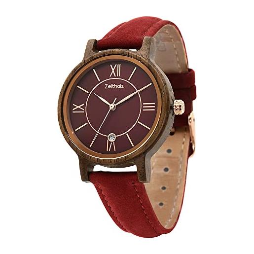 Zeitholz orologio da donna in legno, idea regalo, orologio analogico, collezione rosenbach 36 mm, legno naturale con movimento al quarzo giapponese. , rosso, rosenbach. 