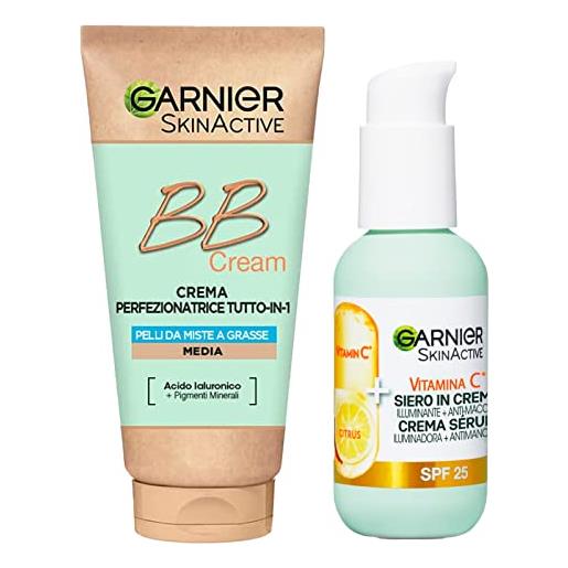 Garnier skinactive bb cream crema viso perfezionatrice tutto in 1 spf25 tonalità media + Garnier vitamina c siero viso in crema illuminante anti-macchie spf25-2 flaconi da 50ml
