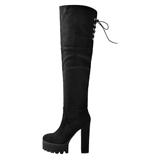 Only maker - stivali da donna sopra al ginocchio, con tacco alto e plateau, poliuretano nero. , 45 eu