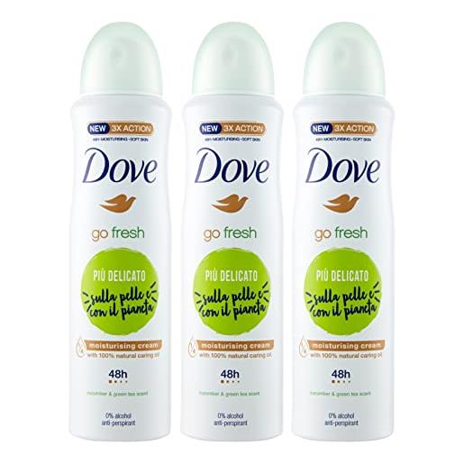 Dove 3x Dove deodorante go fresh cetriolo e tè verde 0% alcol anti-traspirante delicato - 3 deodoranti spray da 150ml