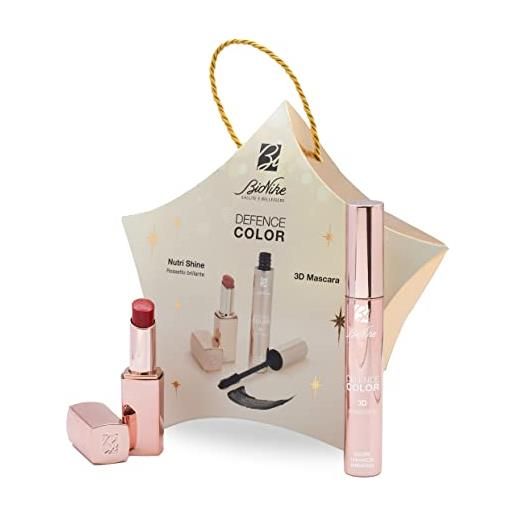 BioNike cofanetto set regalo donna defence color - nutri shine rossetto labbra brillante, n. 210 rouge, e mascara 3d nero, 11 ml
