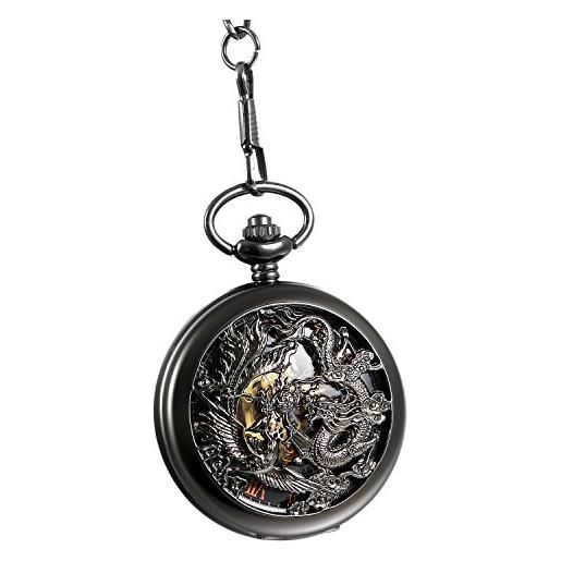 Avaner orologio da tasca meccanico manuale collana con pendente disegno di drago numeri romani colore nero