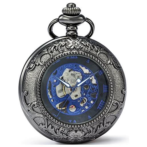 SEWOR vintage lente d' ingrandimento scheletro orologio da tasca meccanico mano vento orologio da tasca include marca del box (nero & blu)