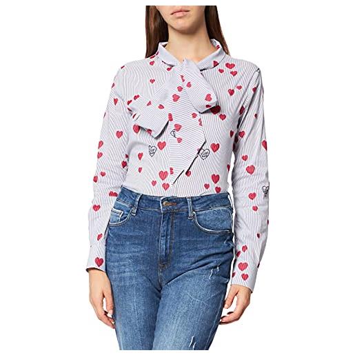 Love Moschino slim fit blouse long sleeves, in fil coupé stretch poplin with sash to tie around the neck maglietta, rig. Azz+cuo. Red, 54 donna