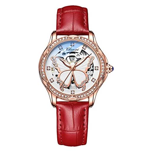RORIOS orologio da donna luminoso orologio con cinturino in pelle automatico meccanico orologio scheletro dial orologio da polso