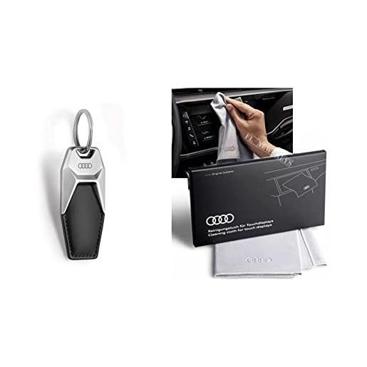 Audi 3181900600 - portachiavi con logo in metallo, in pelle, colore: nero/argento & 80a096325 - panno per la pulizia dello schermo touch, 30 x 30 cm, colore argento