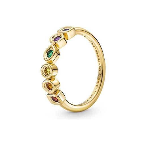 Pandora anello con guanto dell'infinito marvel placcato in oro 14 k, colori verde reale, blu reale, rosso salsa, viola reale, miele e cristalli gialli, 52