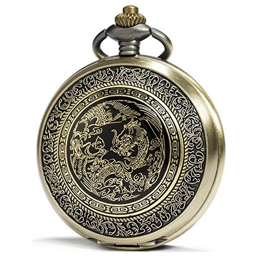 SEWOR orologio da tasca con laccio in pelle e catena in metallo con motivo smaltato fatto a mano, movimento giapponese al quarzo. (dragon & phoenix)