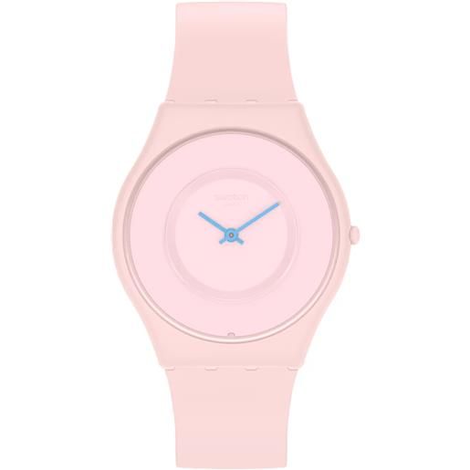 Swatch / skin classic bioceramic / caricia rosa / orologio unisex / quadrante rosa / cassa plastica / cinturino silicone