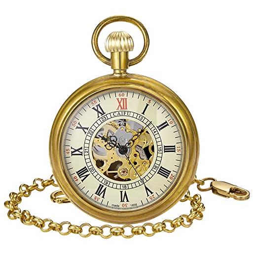 Tiong orologio da tasca meccanico antico con catena, scheletro steampunk, numeri romani, da uomo, orologio da tasca con ciondolo, idea regalo e confezione regalo, bronzo e bianco, retrò