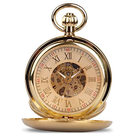 Tiong orologio da tasca meccanico vintage unico tourbillon fase lunare numeri romani scala doppio cacciatore orologi da tasca e confezione regalo, oro e rosso. , 10 cm