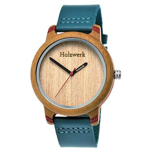 Holzwerk Germany orologio da donna realizzato a mano, orologio da uomo, ecologico, in legno, analogico, classico, al quarzo, in blu, turchese, rosso, marrone, turchese. , cinghia