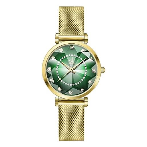 SHENGKE orologio stellato orologio analogico classico quarzo da donna con cinturino in acciaio inox(genuine leather-green)