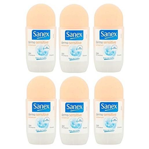 Sanex - deodorante roll-on da donna dermo sensitive per pelli sensibili, confezione da 6, 50 ml