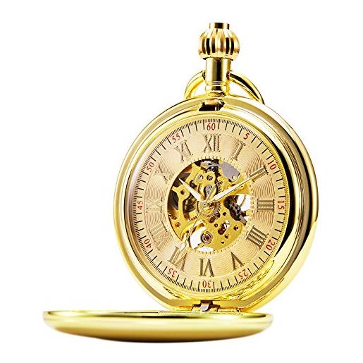 TREEWETO, orologio da taschino unisex con catena, analogico, caricamento a mano, design antico scheletrato, numeri romani, colore oro
