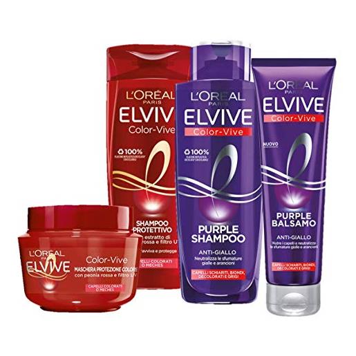L'Oréal Paris shampoo + balsamo + maschera biondo anti-giallo kit elvive color vive purple, confezione da 4