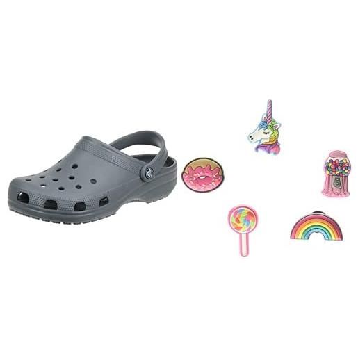 Crocs classic, zoccoli unisex - adulto, grigio (slate grey), 46/47 eu + shoe charm 5-pack, decorazione di scarpe, tutto bello