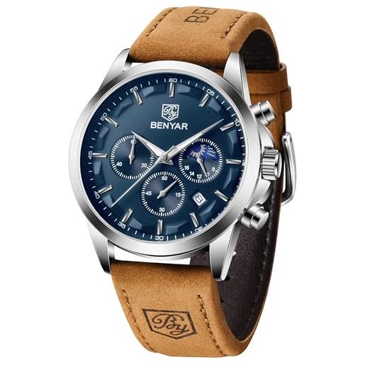 BY BENYAR Orologio Cronografo Uomo – Cinturino In Pelle Blu, Quadrante Dorato, Impermeabile 30M – Regalo Con Garanzia
