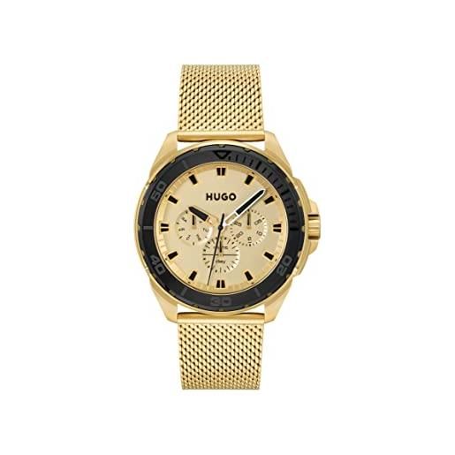 Hugo orologio analogico multifunzione al quarzo da uomo con cinturino in maglia metallica in acciaio inossidabile dorato - 1530288