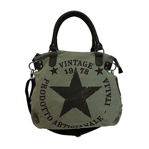 JameStyle26, star bag vintage, borsa da donna in stile vintage con stella stampata sopra e manici, shopper alla moda, in tela, grigio (grau), maße: l: 45cm h: 42cm b: 18cm